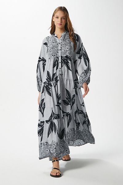 Ritnice Rochie lungă de vară cu mâneci cu balon, 100% viscoză, gri Freya, pentru femei