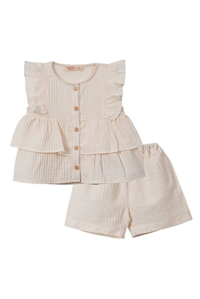bebegen Kız Çocuk Ekru Katkat Fırfırlı Düğmeli Şortlu 2'li Takım