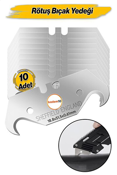 Badem10 Kancalı Rötuş Bıçak Ucu Kesme Boynuz Bıçak Maket Bıçağı Yedeği 10'lu Paket 18.8x51.5x0,61mm