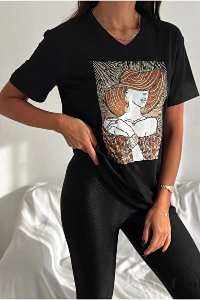 Cassime Women's Black Large Size Hat Women's Sequin Sequin Embroidered 100% Cotton T-Shirt Xl-2Xl-3Xl