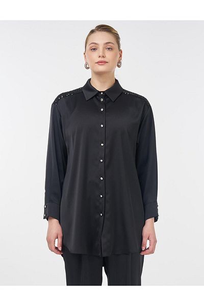 Kayra Sequin Sequin Garnished Satin Double Suit Black