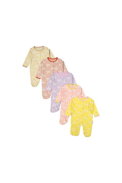 ENİA BABY Baby Girl Printed Cotton Snap-On Booties 5-Piece Newborn Set Jumpsuit (Girl Boy Newborn)