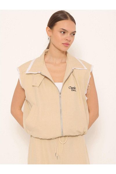 Coral Beige Vest with Embroidery Detail and Zipper