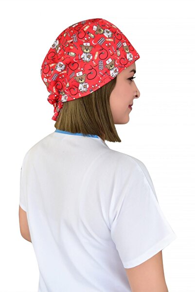 Nur Ortopedi Unisex Kırmızı Ayıcık Temalı Hastane Doktor Hemşire Cerrahi Bonesi