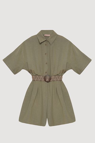 Quzu Shirt Collar Belted Shorts Jumpsuit Khaki