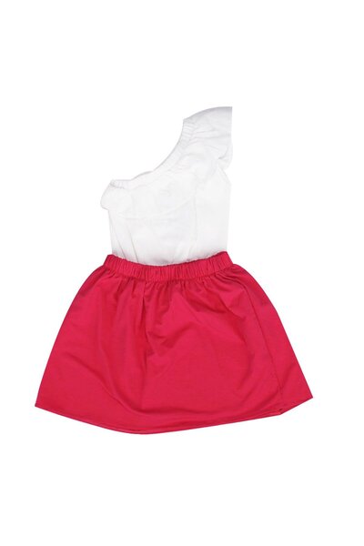 bebegen Kız Çocuk Beyaz Fuşya Fırfırlı Tek Omuzlu Etekli Takım