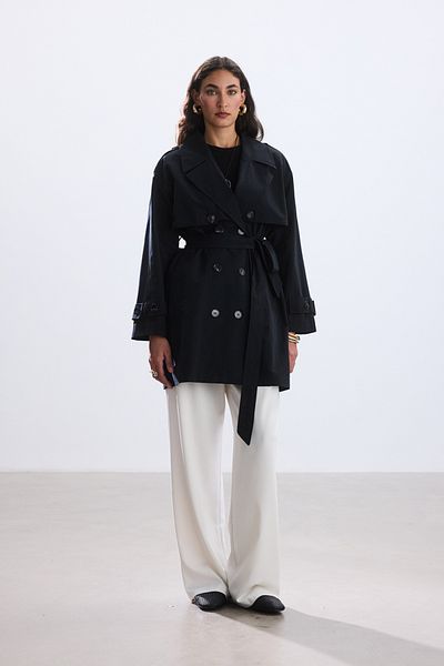 BE BLUE Black Medium Length Classic Trench Coat with Belt