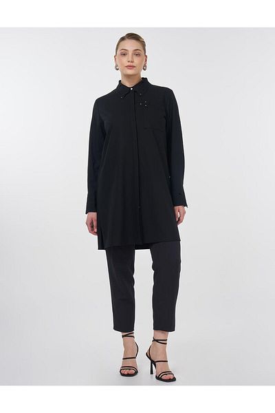 Kayra Stylish Tunic with Embroidery Applique Collar Black