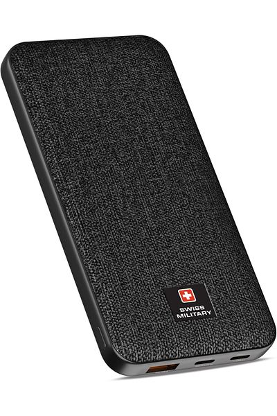 Swiss Military 10000mAh Slim Power Bank (Cable Included) -20W PD Fast Charge, USB-C/USB-A,LED,Overcharge Safe–Black