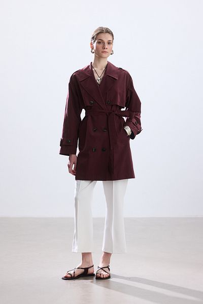 BE BLUE Claret Red Medium Length Classic Trench Coat with Belt
