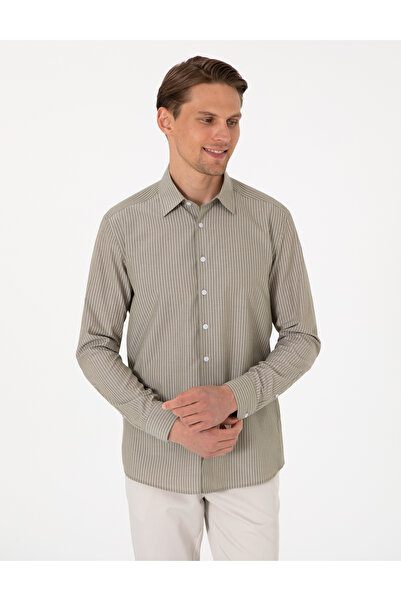 Pierre Cardin Haki Slim Fit Çizgili Uzun Kollu Gömlek 50310777-VR054