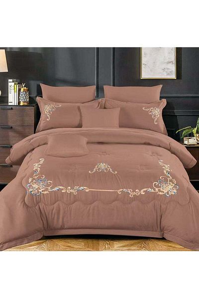 Comfy 6pc Embroidered Premium Quality Pure Cotton King Size Comforter Set Brown