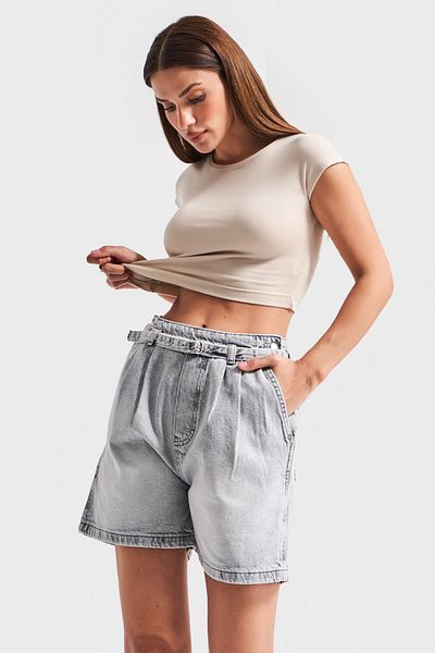 its basic Women's Gray Color 4S5-12 Belt Detailed Midi Length Pleated 100% Cotton Denim Shorts