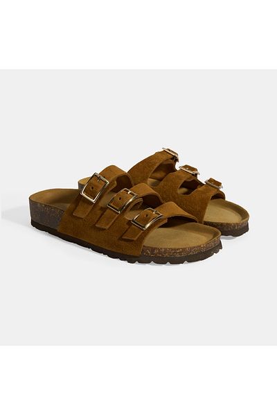 Desa Tan Women's Suede Slippers with Buckle Detail