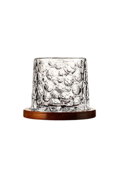 OEM Pahar pentru whiskey, Spinner, cu baza din lemn, 280 ml, 9.2 x 8 cm, transparent, din sticla