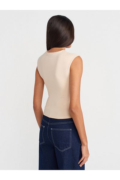 Dilvin 21054 Shirred Basic T-Shirt-Stone