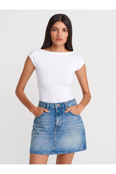 Dilvin 31809 Boat Neck Ribbed T-Shirt-White