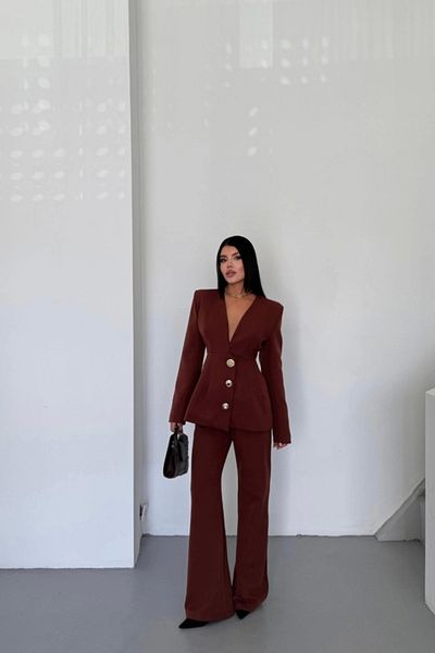Kaplan Design Jacket-Pants Suit with Metal Button Detail - Brown