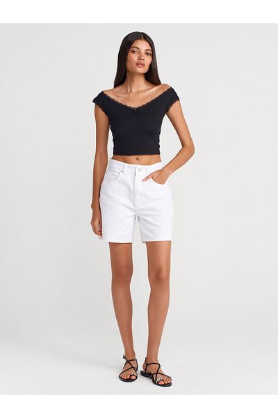 Dilvin 71987 Medium Denim Shorts-White