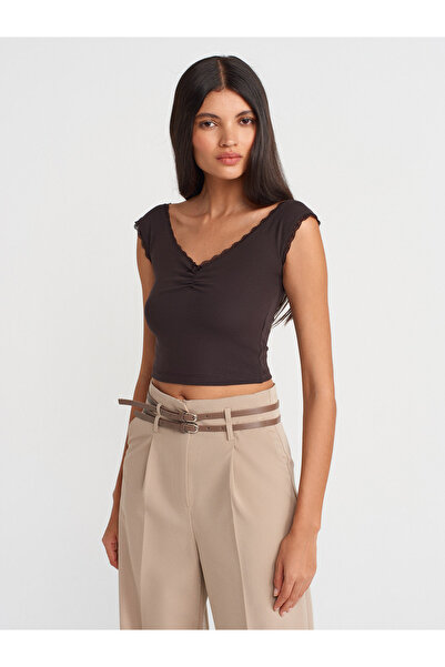 Dilvin 31775 Top cu dantelă fără umeri - maro închis