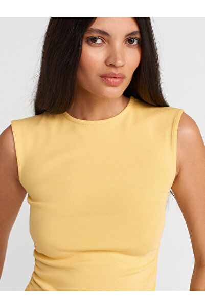 Dilvin 21054 Shirred Basic T-Shirt-Yellow