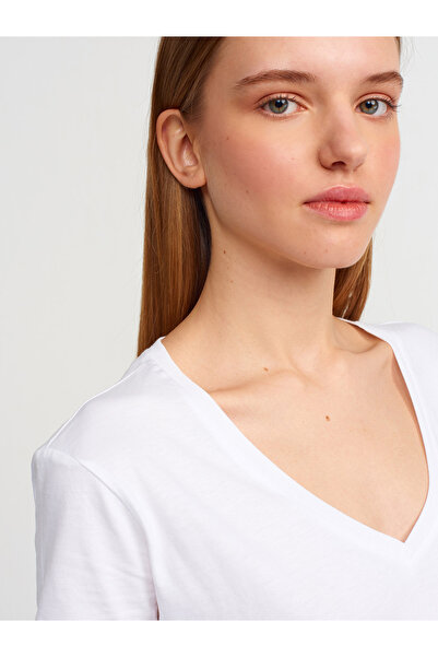 Dilvin 3470 V-Neck Basic T-Shirt-Λευκό