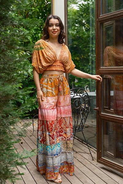 Miss Boheme Orange Bohemian Patchwork Palazzo Silk Trousers