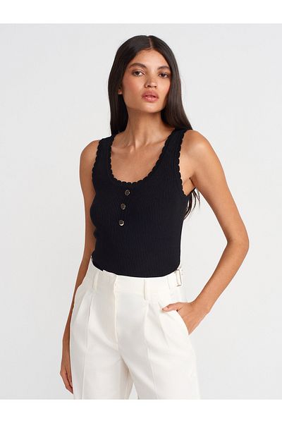 Dilvin 10744 Corded Button Detailed Knitwear Blouse-Black