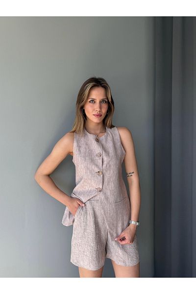 AlisaSu Brown Collarless Full Length Buttoned Vest Shorts Set