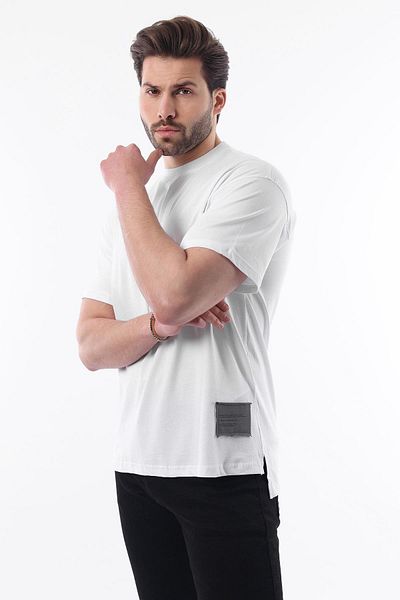 Madmext White Crew Neck Cotton Overfit T-Shirt with Rigging Detail 7019