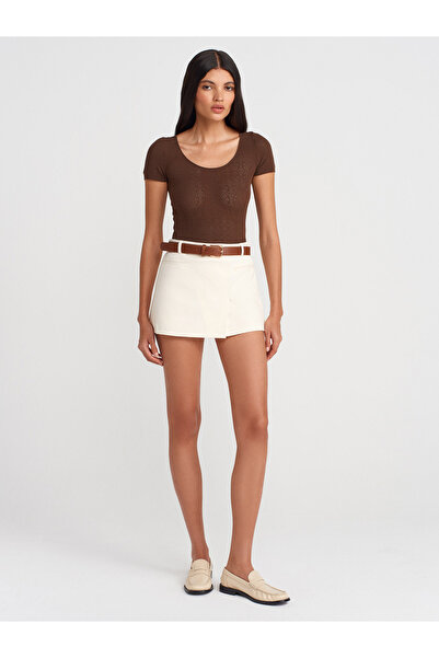 Dilvin 81059 Kemerli Kruvaze Şort Etek-Ekru