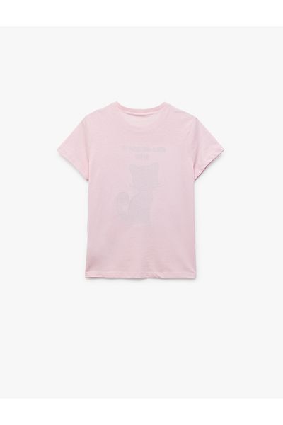 Koton T-Shirt Short Sleeve Cat Printed Crew Neck Cotton Sequin Sequined