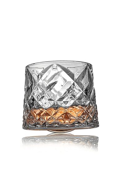 OEM Pahar pentru whisky, model diamant, cu baza din lemn, transparent, din sticla, 11 x 9.2 x 8 cm