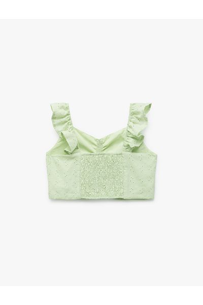 Koton Cotton V-Neck Gather Detailed Embroidered Ruffled Sleeveless Crop Blouse