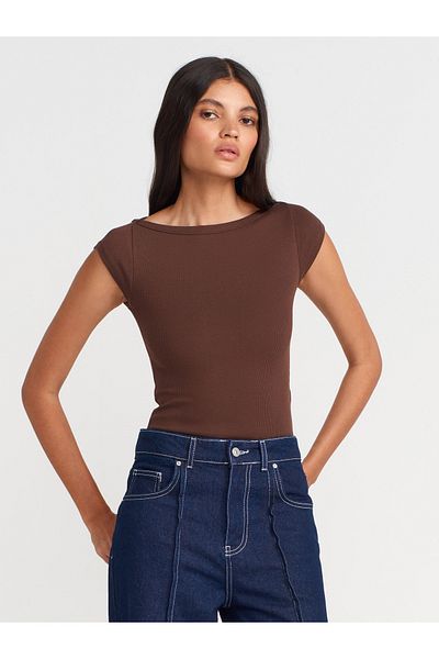 Dilvin 31809 Boat Neck Ribbed T-Shirt-Light Brown