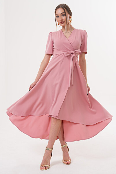 RURIS Gül Kurusu Kruvaze Yaka Asimetrik Sarmal Etek Kısa Kollu Kuşaklı Midi B...