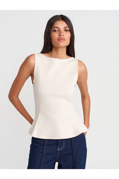 Dilvin 21001 Βάρκα λαιμό Peplum Μπλουζάκι-Ανοιχτό Μπεζ