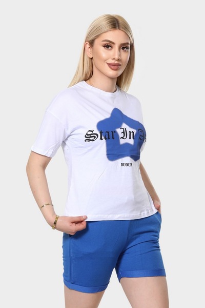 NEWCO yıldız baskılı cepli rahat kumaş dokulu şort ve tişört takım