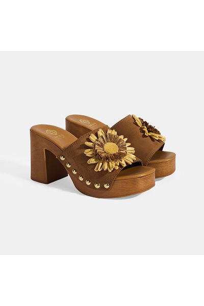 Desa Papuci cu toc din piele intoarsa pentru femei, bronzat, cu accesorii florale