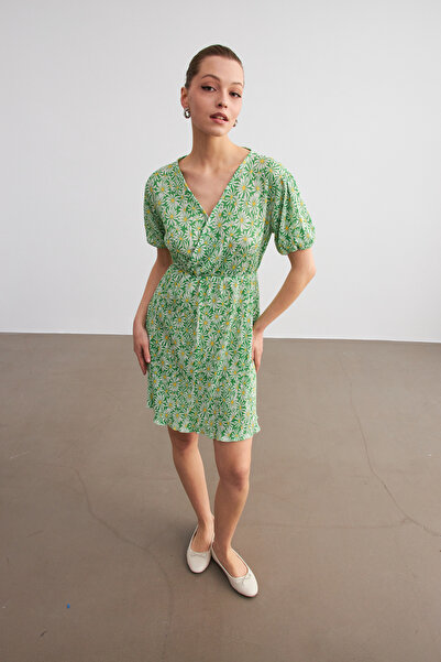 MODAGEN Rochie de damă cu model de flori verzi, cu guler dublu, cu talie plisată, cu talie elastică