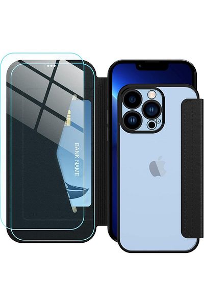 Petocase Set de huse și 2 folii de protecție pentru iPhone 13 Pro Petocase, piele PU/sticlă securizată, negru