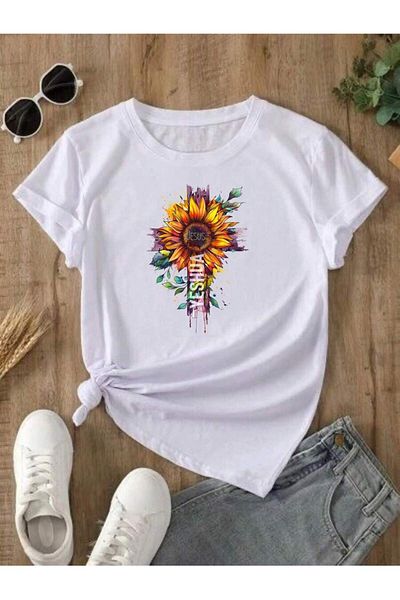 PENTHİLUS Baby Look Women's T-Shirt Padded Double Front Phrase Religious Bible Jesus Joshua Sunflower