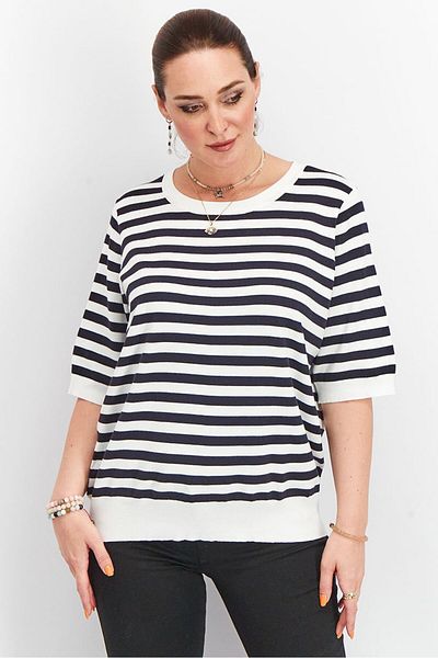 Tchibo Women Round Neck Short Sleeve Stripe Top, White
