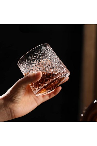 OEM Pahar pentru whisky, Ice Flower, cu baza din lemn, transparent, din sticla, 11 x 9.2 x 8 cm