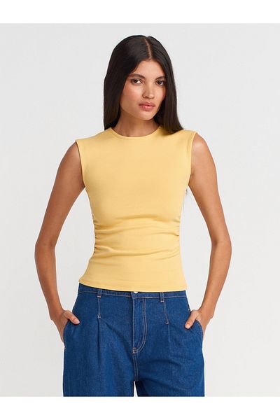 Dilvin 21054 Shirred Basic T-Shirt-Yellow