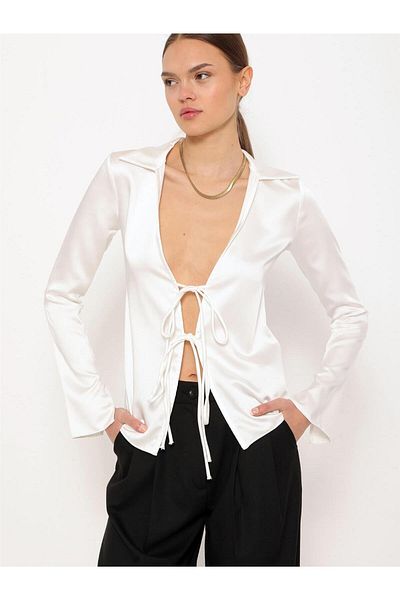 Coral Ecru Satin Blouse - Lacing Detail
