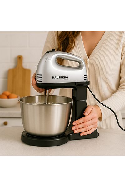 Hausberg Mixer Cu Bol HB-3551NG, 7 viteze, putere 250W, BOL DIN INOX DE 2L, Negru