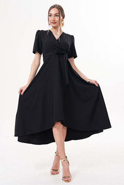 RURIS Siyah Kruvaze Yaka Asimetrik Kesim Sarmal Etek Kısa Kollu Kuşaklı Midi ...