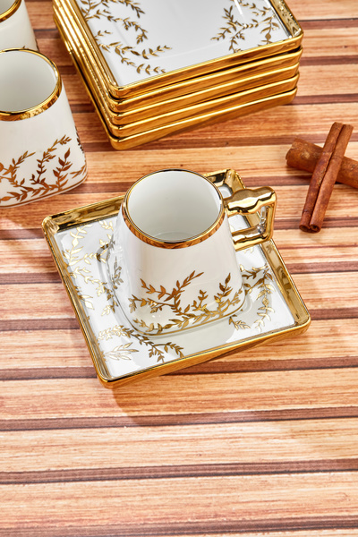 Cooker Set of 6 220 ml Porcelain Teacups with Stylish Design - Gold Gilded - Gift Option