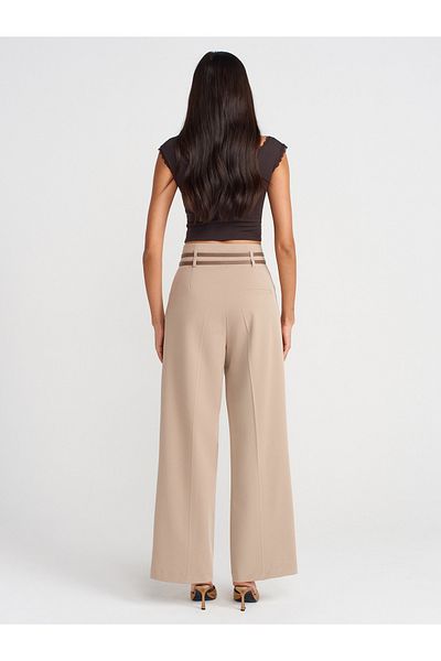Dilvin 71617 Belted High Waist Trousers-Beige